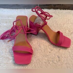 Truffle Collection Lace Up Block Heels in Pink